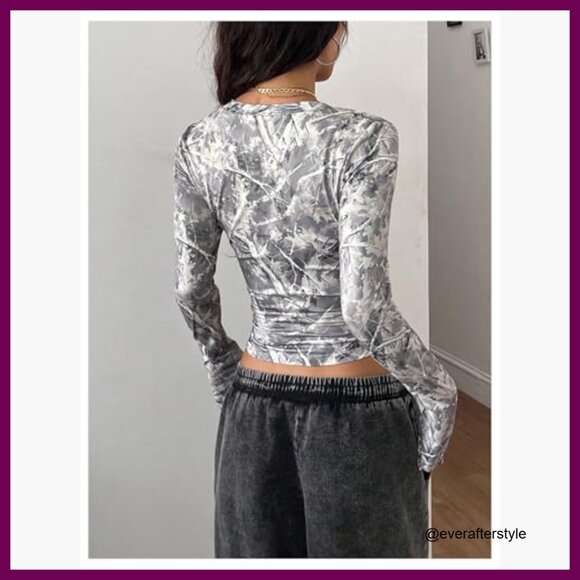 V-Neck Long Sleeve Crop Top in Polyester Blend, Slim Fit - Picture 3 of 5